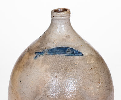 Attrib. Frederick Carpenter, Charlestown, MA Stoneware Jug w/ Impressed Fish Decoration