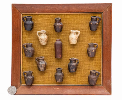 Framed Miniature American Stoneware Jugs, Illustrated in Elmer Smith s 1972 POTTERY Book