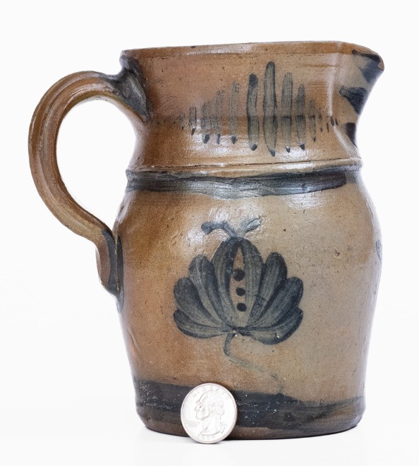 Small-Sized Stoneware Pitcher with Elaborate Freehand Cobalt Decoration, circa 1875.