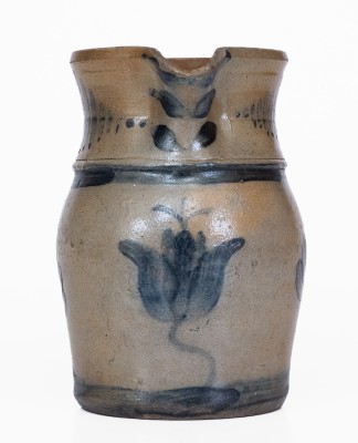 Small-Sized Stoneware Pitcher with Elaborate Freehand Cobalt Decoration, circa 1875.