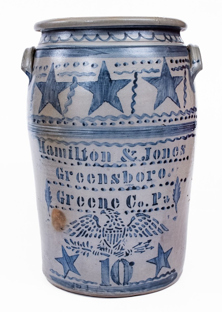 Ten-Gallon Stoneware Jar with Elaborate Freehand and Stenciled Star and Eagle Motifs, Stenciled 