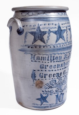 Ten-Gallon Stoneware Jar with Elaborate Freehand and Stenciled Star and Eagle Motifs, Stenciled 