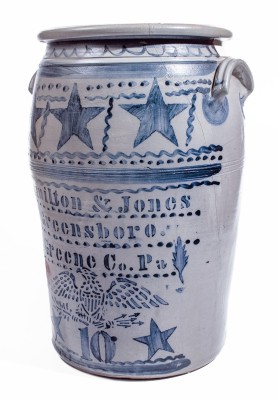 Ten-Gallon Stoneware Jar with Elaborate Freehand and Stenciled Star and Eagle Motifs, Stenciled 