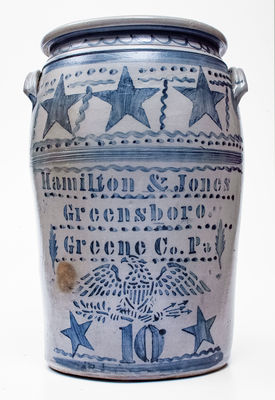 Outstanding Ten-Gallon Hamilton & Jones / Greensboro, PA Stoneware Jar w/ Elaborate Eagle and Star Motifs