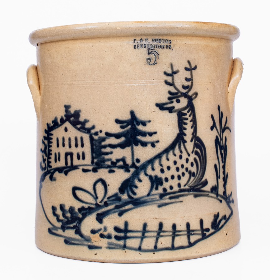 Exceptional 5 Gal. J. & E. NORTON / BENNINGTON, VT Stoneware Crock with Reclining Deer and House Decoration