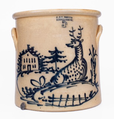 Exceptional 5 Gal. J. & E. NORTON / BENNINGTON, VT Stoneware Crock with Reclining Deer and House Decoration
