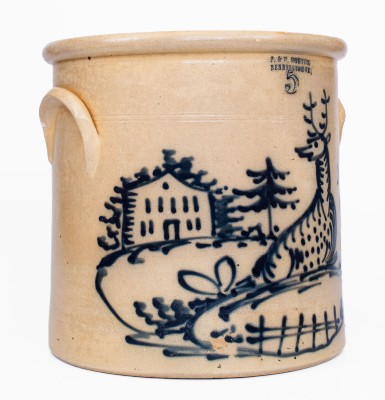 Exceptional 5 Gal. J. & E. NORTON / BENNINGTON, VT Stoneware Crock with Reclining Deer and House Decoration