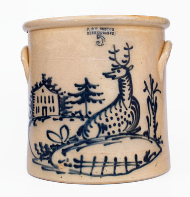 Exceptional 5 Gal. J. & E. NORTON / BENNINGTON, VT Stoneware Crock w/ Reclining Deer and House Decoration