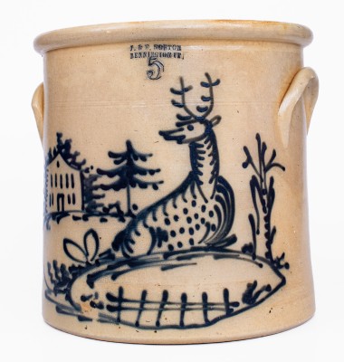 Exceptional 5 Gal. J. & E. NORTON / BENNINGTON, VT Stoneware Crock with Reclining Deer and House Decoration