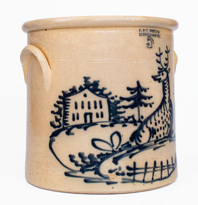 Exceptional 5 Gal. J. & E. NORTON / BENNINGTON, VT Stoneware Crock w/ Reclining Deer and House Decoration