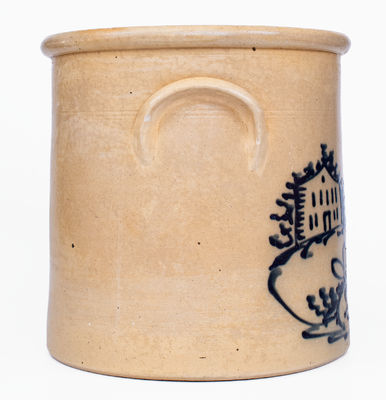 Exceptional 5 Gal. J. & E. NORTON / BENNINGTON, VT Stoneware Crock w/ Reclining Deer and House Decoration
