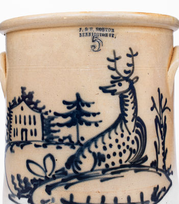 Exceptional 5 Gal. J. & E. NORTON / BENNINGTON, VT Stoneware Crock w/ Reclining Deer and House Decoration