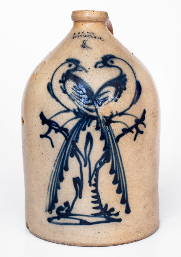 Very Fine 3 Gal. J. & E. NORTON / BENNINGTON, VT Stoneware Jug with Double Pheasant Decoration