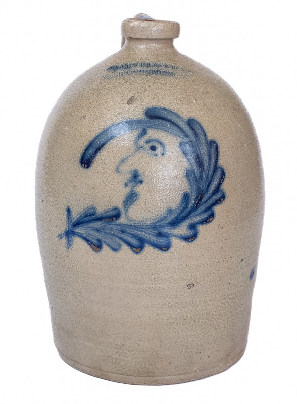 Exceptional 3 Gal. COWDEN & WILCOX / HARRISBURG, PA Stoneware Jug with Elaborate Man-in-the-Moon Decoration