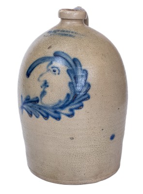 Exceptional 3 Gal. COWDEN & WILCOX / HARRISBURG, PA Stoneware Jug with Elaborate Man-in-the-Moon Decoration