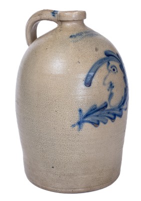 Exceptional 3 Gal. COWDEN & WILCOX / HARRISBURG, PA Stoneware Jug with Elaborate Man-in-the-Moon Decoration