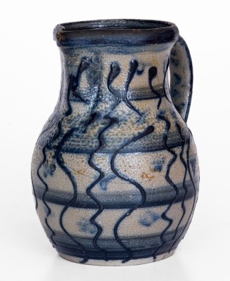 Very Fine North Carolina Stoneware Pitcher w/ Elaborate Slip-Trailed Cobalt Decoration