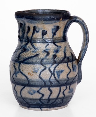 Very Fine North Carolina Stoneware Pitcher w/ Elaborate Slip-Trailed Cobalt Decoration