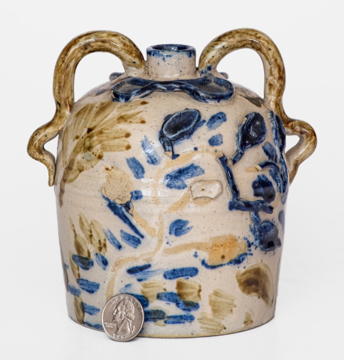 Very Unusual Small-Sized Stoneware Jug with Elaborate Applied Decoration, Midwestern Origin