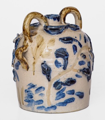 Very Unusual Small-Sized Stoneware Jug with Elaborate Applied Decoration, Midwestern Origin