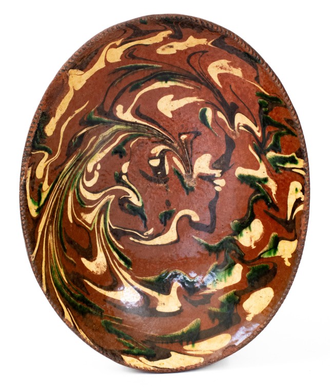 Rare and Fine Norwalk, Connecticut Redware Loaf Dish w/ Three-Color Marbled Slip Decoration