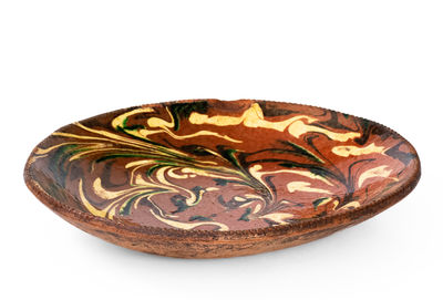 Rare and Fine Norwalk, Connecticut Redware Loaf Dish w/ Extravagant Three-Color Marbled Slip Decoration