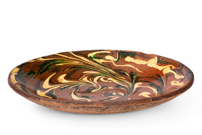 Rare and Fine Norwalk, Connecticut Redware Loaf Dish w/ Extravagant Three-Color Marbled Slip Decoration