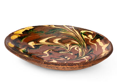 Rare and Fine Norwalk, Connecticut Redware Loaf Dish w/ Extravagant Three-Color Marbled Slip Decoration