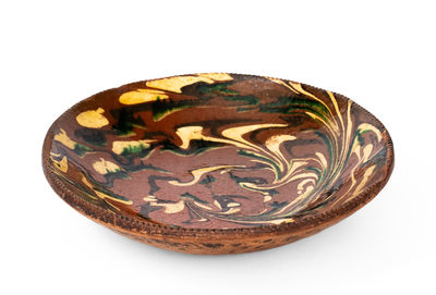 Rare and Fine Norwalk, Connecticut Redware Loaf Dish w/ Extravagant Three-Color Marbled Slip Decoration