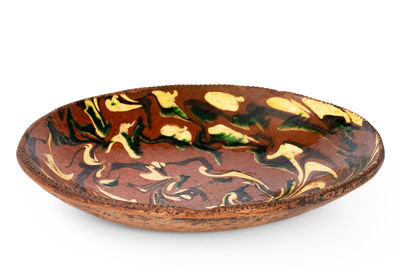 Rare and Fine Norwalk, Connecticut Redware Loaf Dish w/ Extravagant Three-Color Marbled Slip Decoration