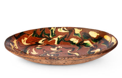 Rare and Fine Norwalk, Connecticut Redware Loaf Dish w/ Extravagant Three-Color Marbled Slip Decoration
