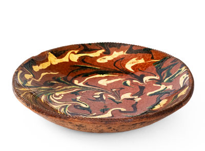 Rare and Fine Norwalk, Connecticut Redware Loaf Dish w/ Extravagant Three-Color Marbled Slip Decoration