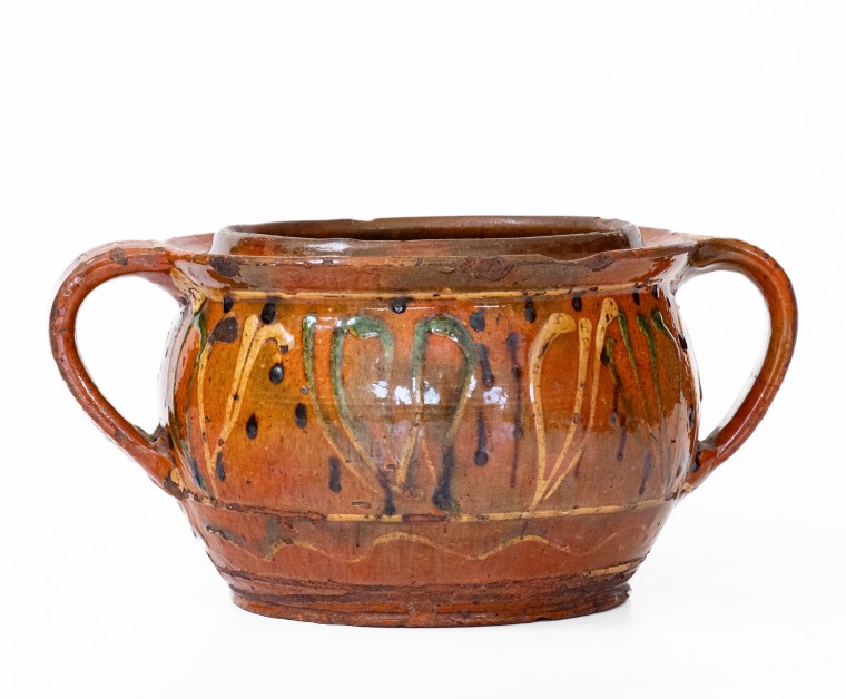 Very Fine Redware Sugar Bowl w/ Elaborate Three-Color Slip Floral Decoration