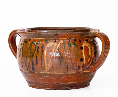 Very Fine Redware Sugar Bowl w/ Elaborate Three-Color Slip Floral Decoration