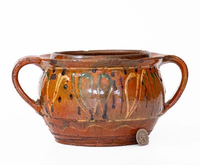 Rare and Fine Southeastern PA Redware Sugar Bowl w/ Elaborate Three-Color Slip Decoration