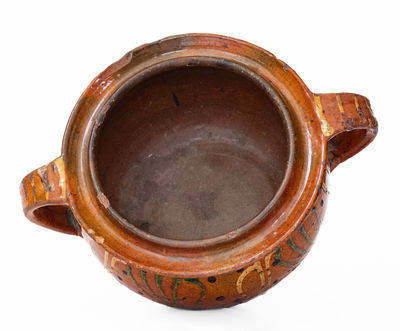Rare and Fine Southeastern PA Redware Sugar Bowl w/ Elaborate Three-Color Slip Decoration
