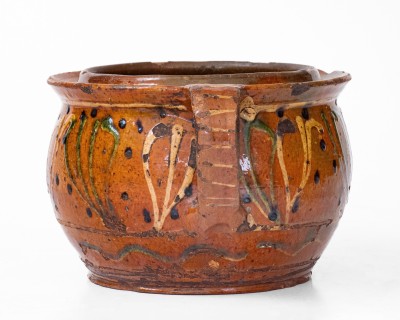 Very Fine Redware Sugar Bowl w/ Elaborate Three-Color Slip Floral Decoration