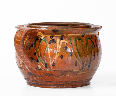 Rare and Fine Southeastern PA Redware Sugar Bowl w/ Elaborate Three-Color Slip Decoration