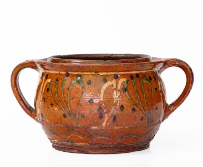 Very Fine Redware Sugar Bowl w/ Elaborate Three-Color Slip Floral Decoration