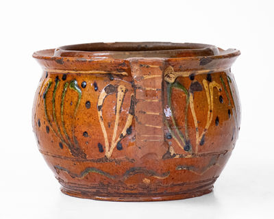 Rare and Fine Southeastern PA Redware Sugar Bowl w/ Elaborate Three-Color Slip Decoration