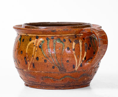 Rare and Fine Southeastern PA Redware Sugar Bowl w/ Elaborate Three-Color Slip Decoration