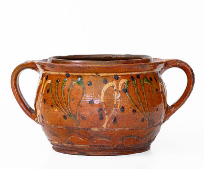 Rare and Fine Southeastern PA Redware Sugar Bowl w/ Elaborate Three-Color Slip Decoration
