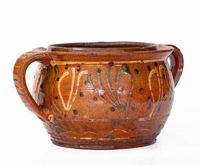 Rare and Fine Southeastern PA Redware Sugar Bowl w/ Elaborate Three-Color Slip Decoration