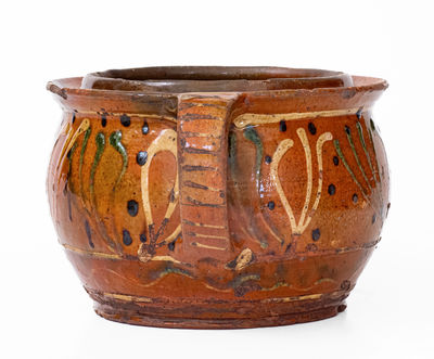 Rare and Fine Southeastern PA Redware Sugar Bowl w/ Elaborate Three-Color Slip Decoration