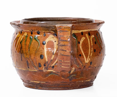 Rare and Fine Southeastern PA Redware Sugar Bowl w/ Elaborate Three-Color Slip Decoration