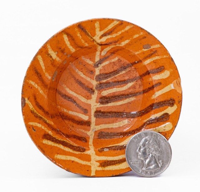 Exceptional Miniature North Carolina Redware Dish with Two-Color Slip Decoration
