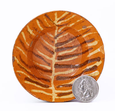 Outstanding Miniature Redware Dish w/ Two-Color Slip Design, probably Alamance County, NC, c1820-40