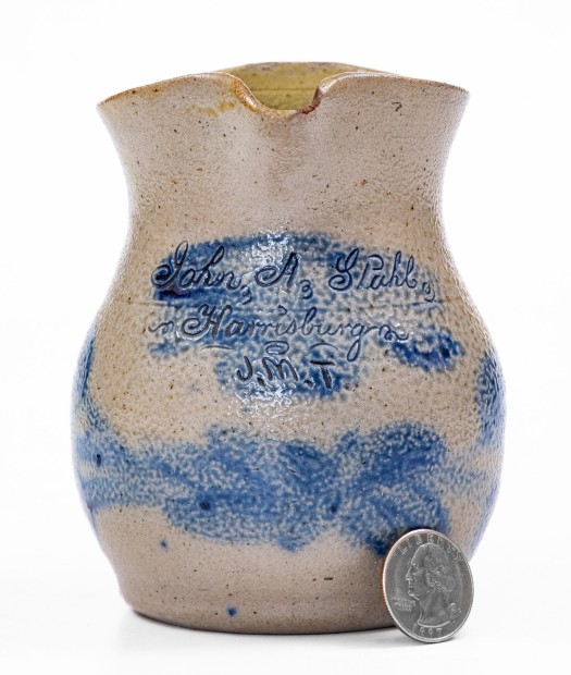 Exceedingly Rare and Important Small-Sized Stoneware Presentation Pitcher with Cobalt Floral Decoration, Inscribed 
