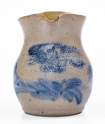 Exceedingly Rare and Important Small-Sized Stoneware Presentation Pitcher with Cobalt Floral Decoration, Inscribed 