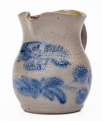Exceedingly Rare and Important Small-Sized Stoneware Presentation Pitcher with Cobalt Floral Decoration, Inscribed 